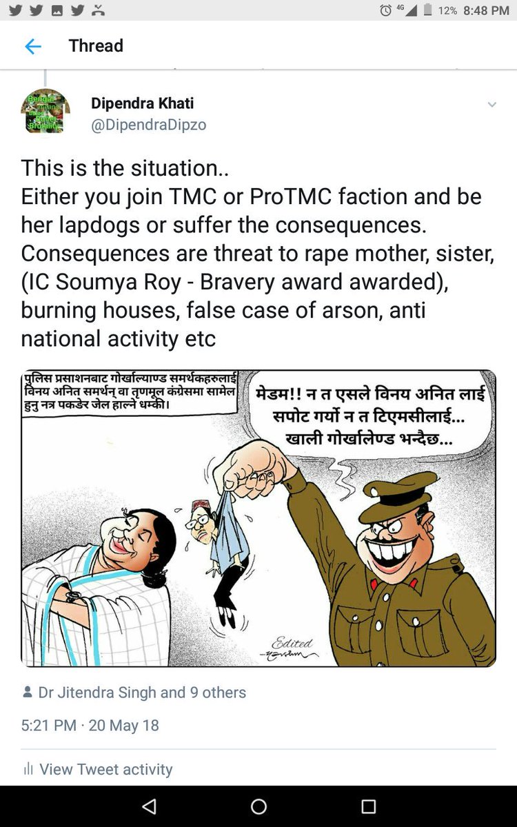 DipendraDipzo's tweet photo. @RatanSharda55 @kapil_kausik This is very well tried and tested method of Democracy by this despotic #MamataBanerjee. We have been suffering this since long.
Evry GJM party cadres and #Gorkhaland statehood supporter are given choices by Police, Join TMC/ proTMC faction or suffer consequences. https://t.co/pgA6ebLvKD