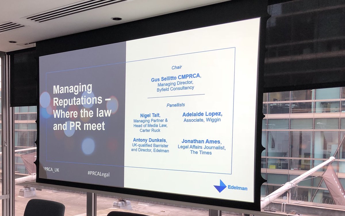 Byfield_PR's tweet photo. Our panellists tonight are Nigel Tait @carterruck, Adelaide Lopez @WigginLLP, Antony Dunkels @EdelmanUK and Jonathan Ames @TimesLaw with Byfield MD @GusSellitto sitting as Chair #reputationmanagement #repman #PRCALegal @PRCA_UK https://t.co/Tc5qZ6ErD6