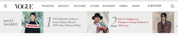 PHIXOVotingTeam's tweet photo. [INFO] 180601
Both article of EXO Kai &amp; Sehun as Most Shared Article in Vogue website
Sehun's article remain in 1st place while Kai's article at 3rd now

💪Let's keep on hyping our boys on Fashion Industry👏🔥🔥
©@intexolteam
🔗https://t.co/8uYVQK8hDG
@weareoneEXO #dafBAMA2018EXO https://t.co/yIfkMarDXG