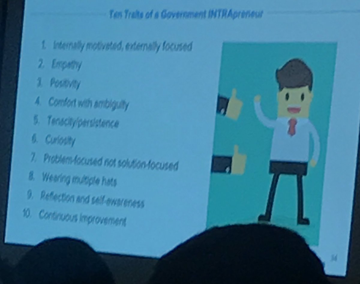 kristallakis's tweet photo. 10 traits of a govt intrapraneur:
* Internally motivated, externally focused
* empathy
* positivity
* comfort w/ambiguity
* tenacity/persistence 
* curiosity 
* problem (not solution) focused
* wearing multiple 🎩 
* reflection, self-awareness
* continuous improvement #CfASummit https://t.co/Oi2rH06PYN