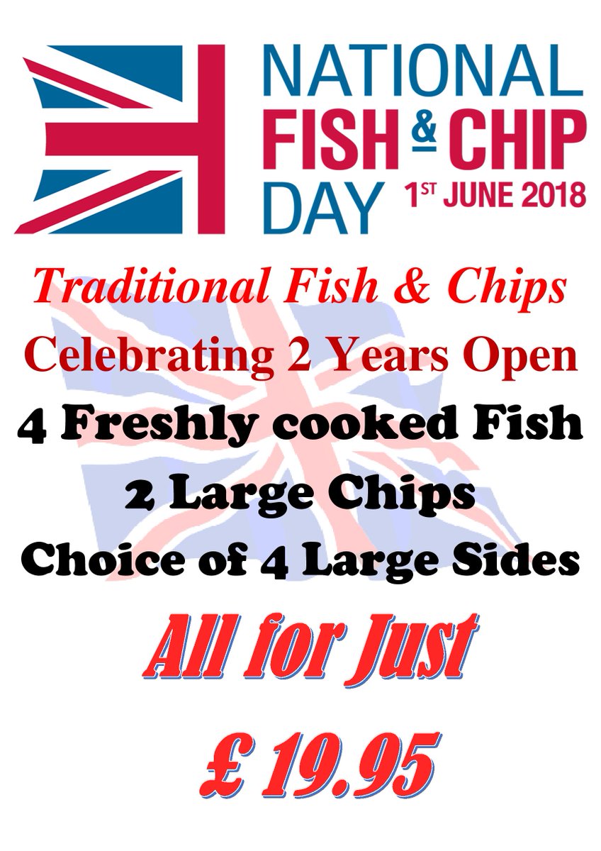 Paulstone1962's tweet photo. 1st June 2018 --- NATIONAL FISH &amp; CHIP DAY &amp; we celebrate 2 years since we opened
Come and join us for some great deals https://t.co/stfj37pCHa