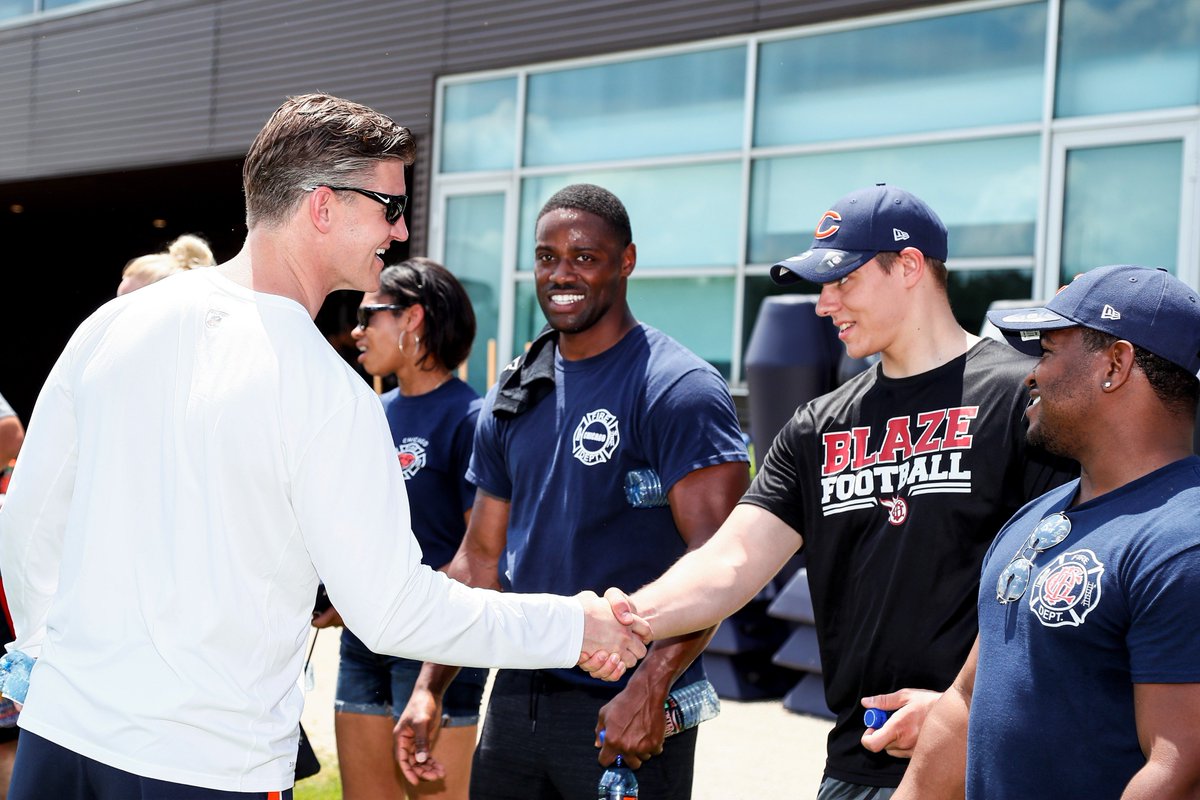 BearsOutreach's tweet photo. Members of the Chicago Fire Department watched practice today at Halas Hall &amp; visited w/ players &amp; coaches.

Our deepest condolences go out to the family &amp; friends of Firefighter Juan Bucio. https://t.co/K2LkIp3stv