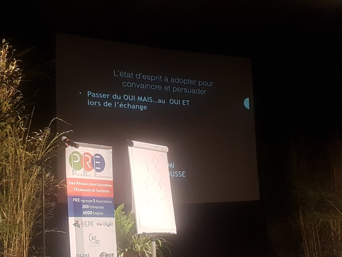 FarrouetPRO's tweet photo. Passer du oui mais au oui et... l'état d'esprit a adopter pour convaincre et persuader ! ... il faut donner le choix... soirée @PREpaysderetz #PRE2018 avec Rémi Larousse @CCINantes @FarrouetPRO https://t.co/rn3Z6sAgIl