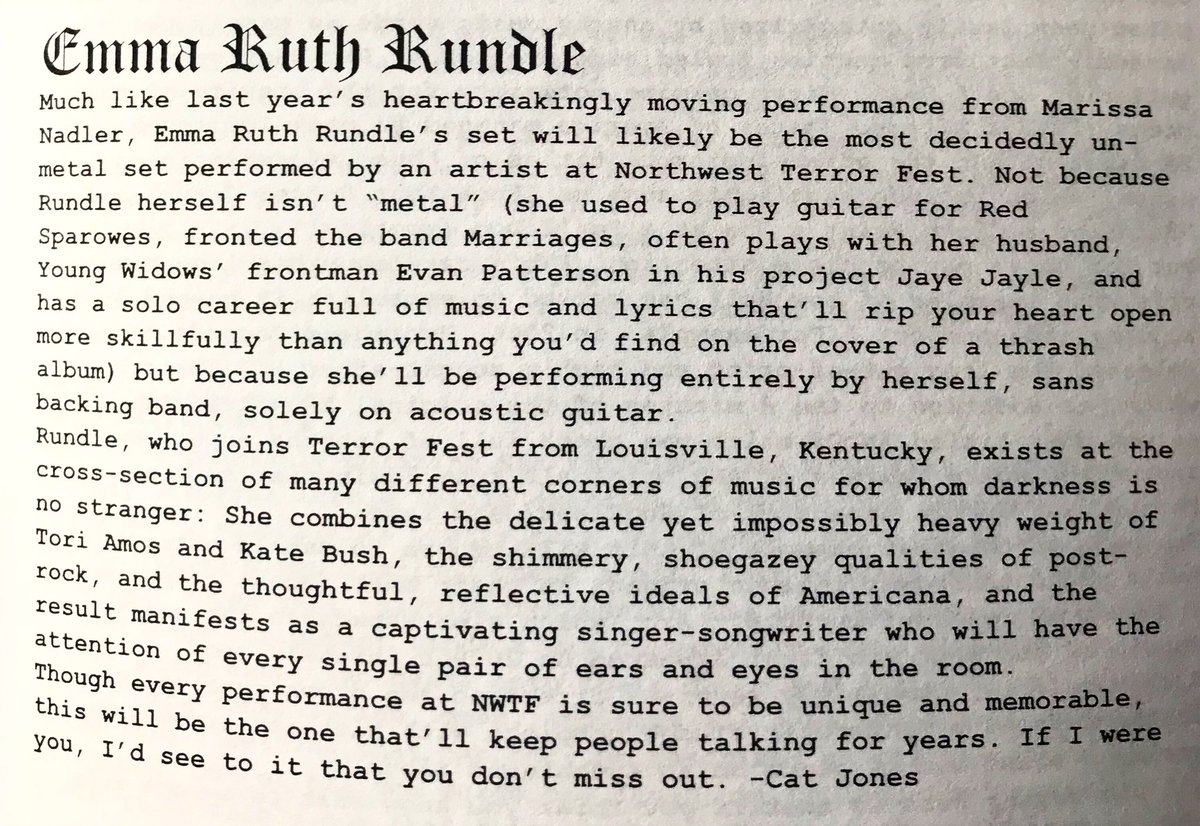 catjonessoda's tweet photo. Thrilled that @theseattlepa asked me to write a little guest feature on @EmmaRuthRundle for this year’s @nwterrorfest zine! If you’re going this weekend, make sure to grab one. https://t.co/0qBSZynU6n