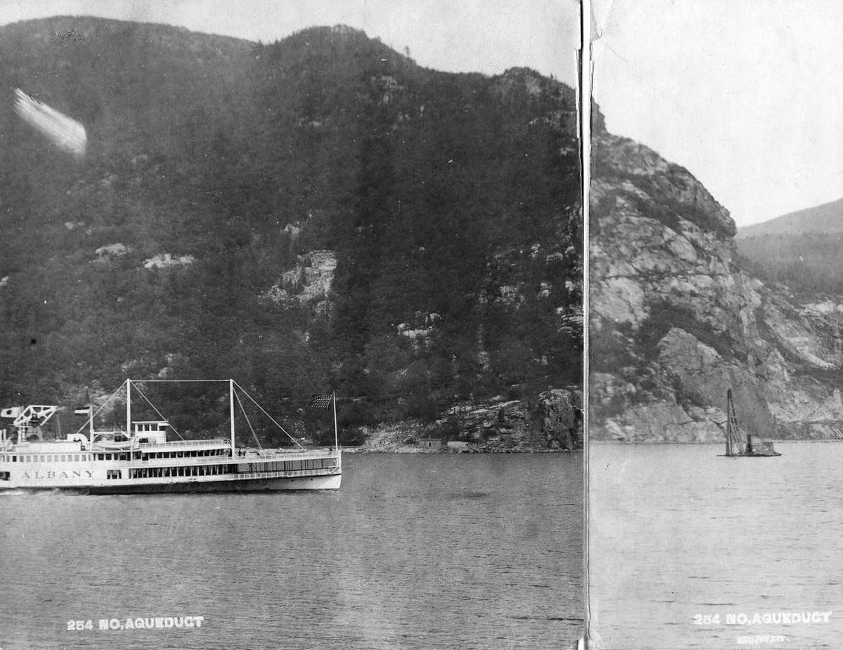 NYCWater's tweet photo. 111 years ago today, an Albany Day Line boat heads up the Hudson River past drilling rigs collecting rock samples for construction of the Catskill Aqueduct. #tbt #TodayinNYCWaterHistory https://t.co/n6Vm7Rscvy