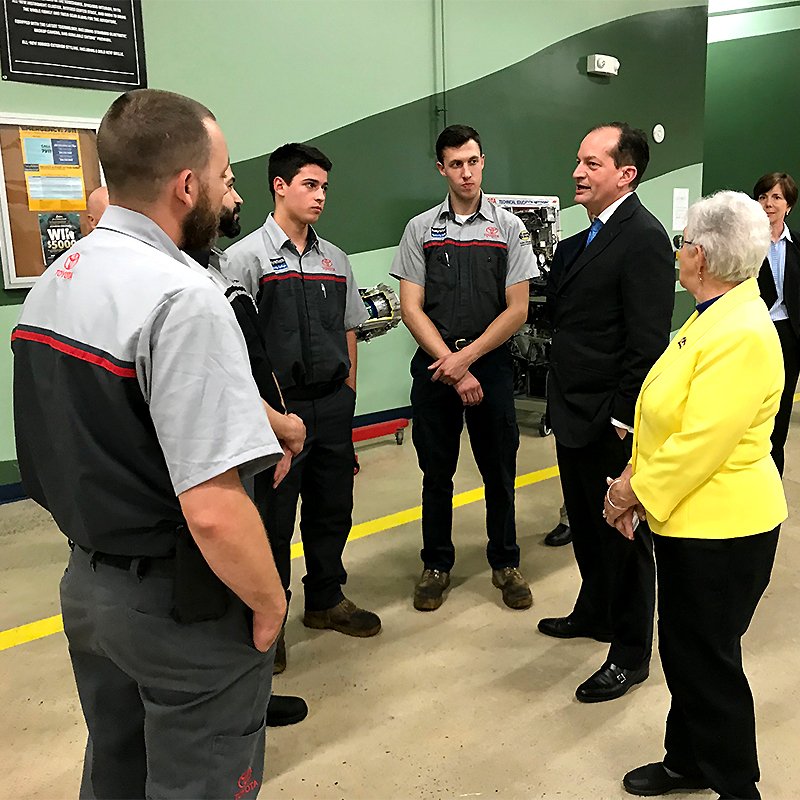 U.S. Secretary of Labor Alexander Acosta and Congresswoman Virginia Foxx meeting with students in the Toyota T-Ten automotive education program at the Forsyth Technical Community College in Winston-Salem, N.C.
