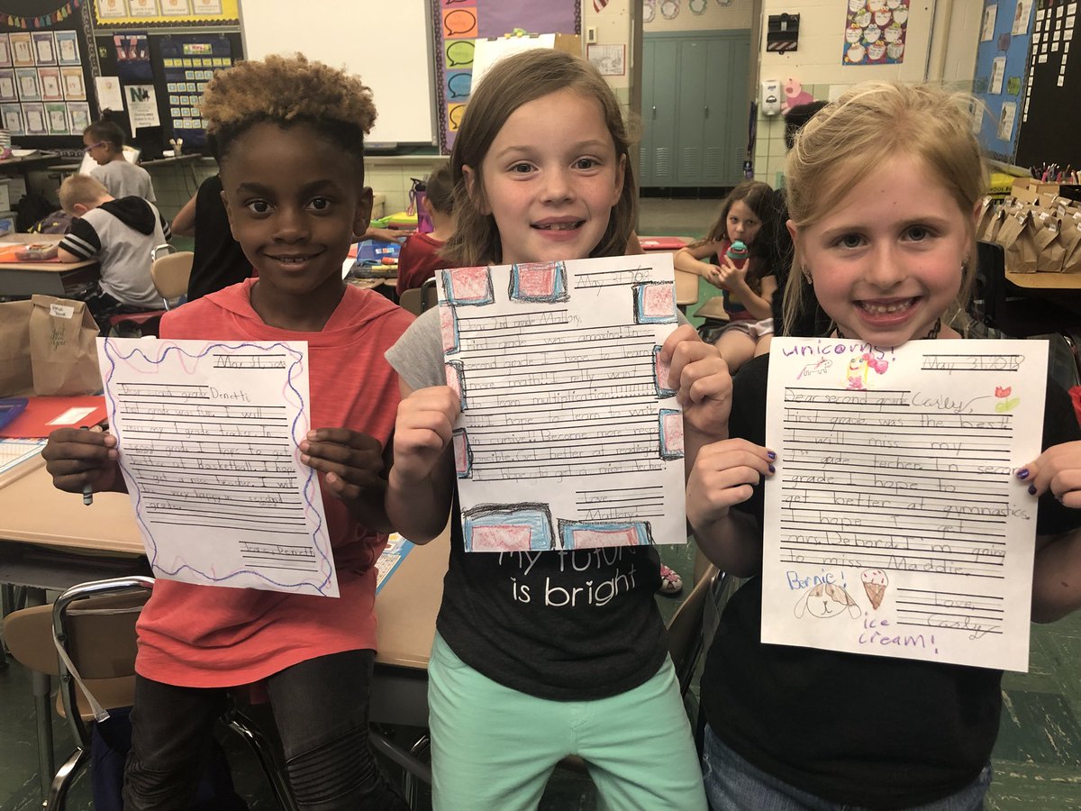 GinaKitchen's tweet photo. We wrote a letter to our second grade selves today and set some goals for next school year! 😊 💚 #almost2ndgraders #nfsquirepride https://t.co/CKzLiz5Fdu