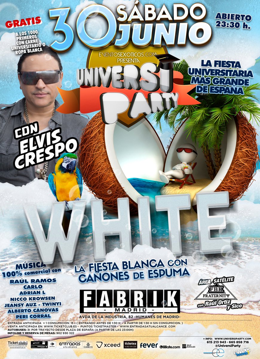 UniversiParty (@universiparty) on Twitter photo ¡RT RT! y gana mañana Viernes a las 20:00H. 1 de las 5 entradas a #UniversiParty WHITE (Fiesta blanca con cañones de espuma) Sábado 30 de Mayo con <a href="/ElvisCrespo/">Elvis Crespo</a> el rey del merengue, por primera vez en #Fabrik ¡RT RT! y gana mañana Viernes a las 20:00H. 1 de las 5 entradas a #UniversiParty WHITE (Fiesta blanca con cañones de espuma) Sábado 30 de Mayo con <a href="/ElvisCrespo/">Elvis Crespo</a> el rey del merengue, por primera vez en #Fabrik