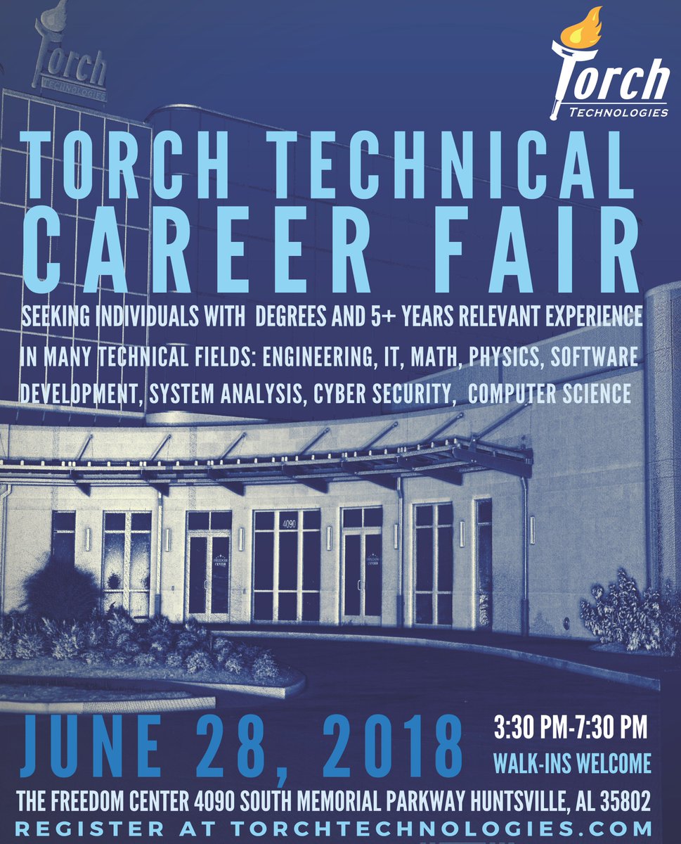 TorchHuntsville's tweet photo. Join us as we host the Torch Technical Career Fair on June 28th from 3:30-7:30 PM in Huntsville, AL! Register today at https://t.co/FhN61GT3oP  #CareerFair #Jobs #Engineering #IT #Math #Physics #SoftwareDevelopment #SystemAnalysis #CyberSecurity #ComputerScience #Huntsville https://t.co/JHImY3KaUL