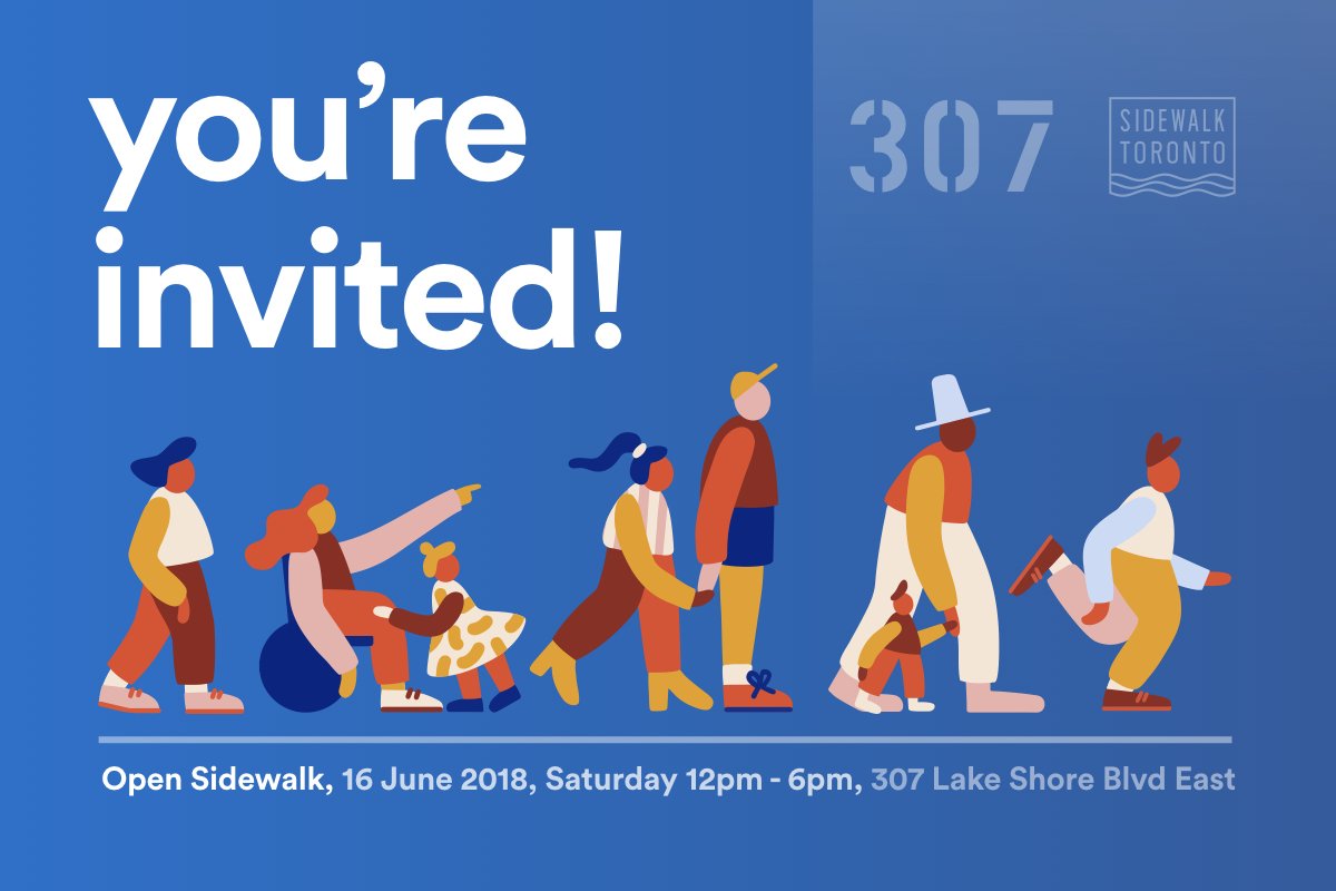 SidewalkToronto's tweet photo. On Saturday June 16, from noon to 6pm, @sidewalklabs will open “307,” a new experimental workspace at 307 Lake Shore Boulevard East, with #OpenSidewalk, a monthly event series. Come explore prototypes, performances, workshops, and more. RSVP now! https://t.co/va319a16gn https://t.co/p0go3zLDXv