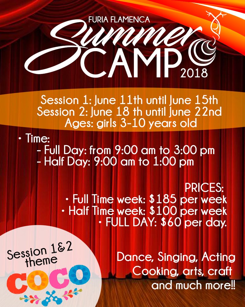 Furia_Flamenca's tweet photo. Summer is around the corner and we have a great program to offer!! First session 1&amp;2 focusing on the movie COCO. Register now!! Only 10 campers per session. For more info 305.298.4316 https://t.co/b3VkYOnAVs