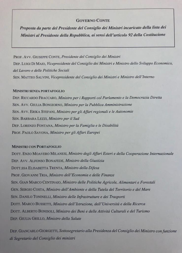 VocidiPalazzo's tweet photo. Ecco il primo #GovernoConte 🔴UFFICIALE🔴 https://t.co/mDP4BkZviJ