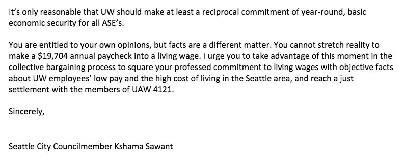 MikeKatell's tweet photo. Academic student employees at #UW are preparing to go on strike for fair wages and workplace equity. Today we got an incredible assist from @cmkshama whose fact-check of UW President @amcauce directly contradicts the university's deceptive statements about our wages. @UAW4121 https://t.co/T4Om5ZqCYq
