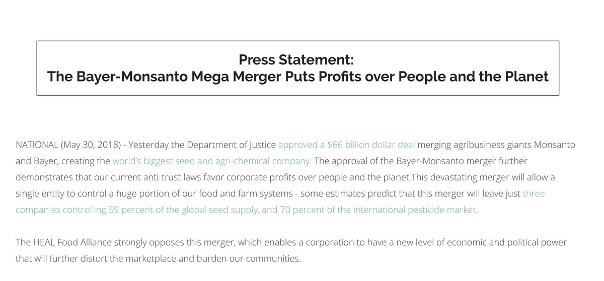 The #Bayer #Monsanto mega-merger puts profits over people and the planet. Read the full statement from @HEAL_Food on the #MergerFromHell, which the DOJ approved yesterday. bit.ly/2HapSTl
