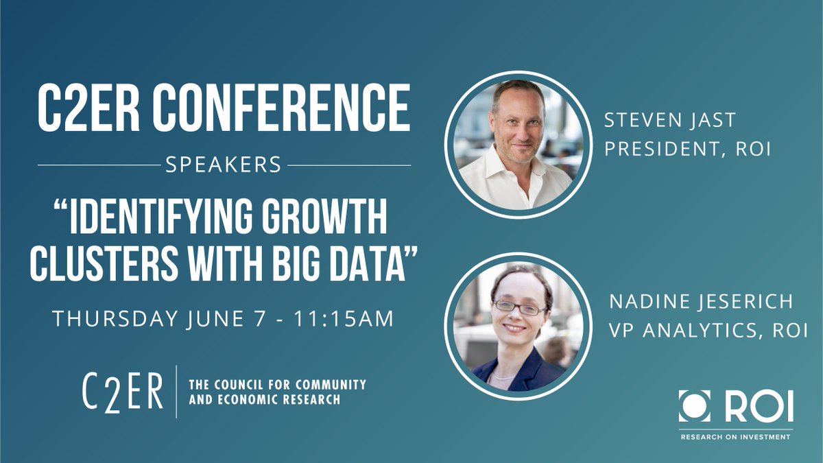 ResearchOnInvestment (@roivision) on Twitter photo Heading to @C2ER Atlanta next week?
Join our experts <a href="/Steven_Jast/">Steven Jast</a> & Dr. Nadine Jeserich Thursday, June 7th at 11:15 am EDT, as they dive into, "Identifying Growth Clusters with Big Data".
tinyurl.com/y7bqqfnn Heading to @C2ER Atlanta next week?
Join our experts <a href="/Steven_Jast/">Steven Jast</a> & Dr. Nadine Jeserich Thursday, June 7th at 11:15 am EDT, as they dive into, "Identifying Growth Clusters with Big Data".
tinyurl.com/y7bqqfnn