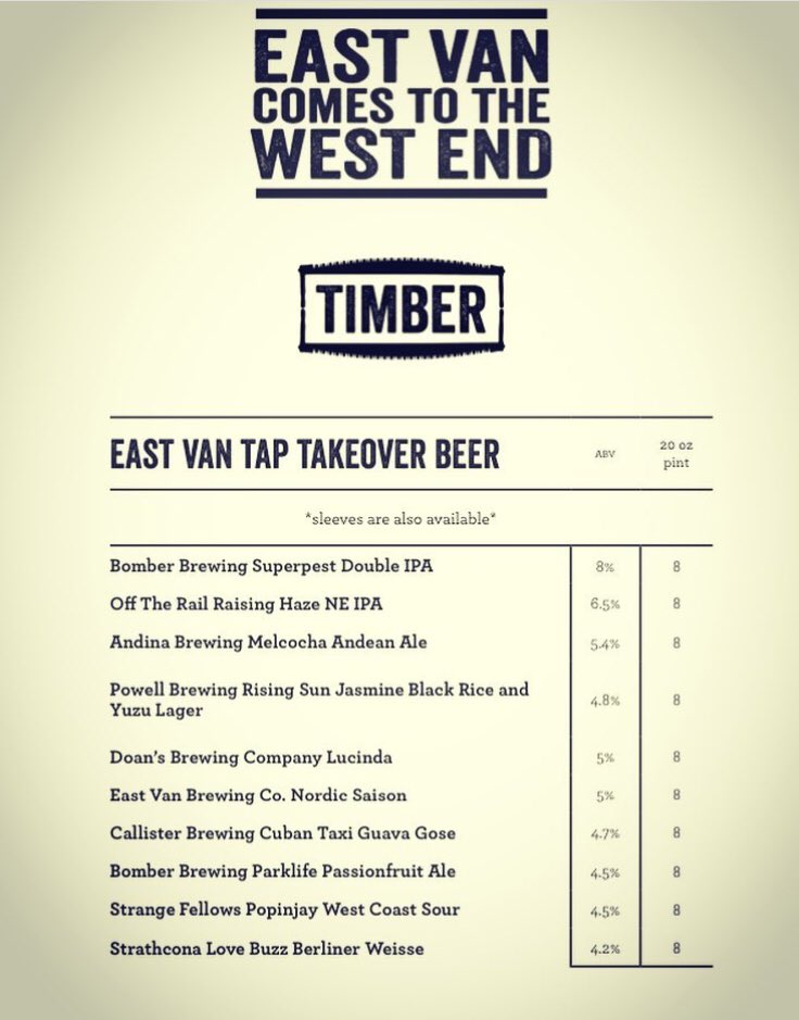 Callister Brewing (@callisterbeer) on Twitter photo Check out the lineup for today’s East Van in the West End event <a href="/timbervancouver/">TIMBER</a>! Be sure to get there early so you don’t miss out! We’ll be there! <a href="/vcbw/">VCBW</a> <a href="/bomberbrewing/">Bomber Brewing</a> <a href="/offtherailbeer/">Off The Rail Brewing</a> @andinabrewingco <a href="/powellbeer/">Powell Brewery</a> <a href="/doanscbc/">Doan's Craft Beer Company</a> <a href="/eastvanbrewing/">East Van Brewing Co.</a> @strangefellowsbrewing <a href="/strathconabeer/">strathconabeer</a> Check out the lineup for today’s East Van in the West End event <a href="/timbervancouver/">TIMBER</a>! Be sure to get there early so you don’t miss out! We’ll be there! <a href="/vcbw/">VCBW</a> <a href="/bomberbrewing/">Bomber Brewing</a> <a href="/offtherailbeer/">Off The Rail Brewing</a> @andinabrewingco <a href="/powellbeer/">Powell Brewery</a> <a href="/doanscbc/">Doan's Craft Beer Company</a> <a href="/eastvanbrewing/">East Van Brewing Co.</a> @strangefellowsbrewing <a href="/strathconabeer/">strathconabeer</a>