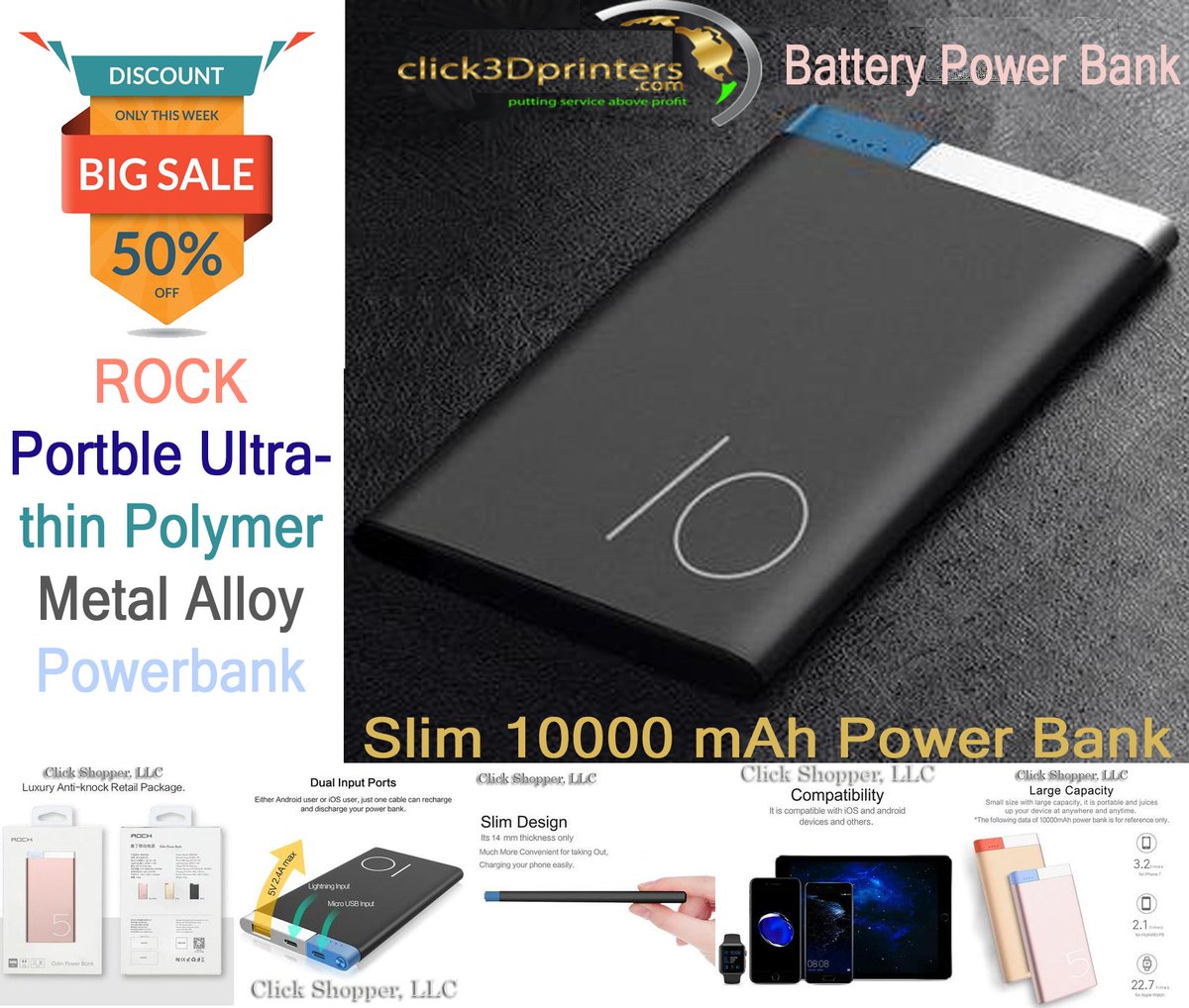 Click3DPrinters's tweet image. #ROCK Portable #Ultra-thin Polymer #Metal Alloy #Powerbank, Slim &amp;amp; battery 10000 mAh Power Bank. more at - ow.ly/K6DI30kho9n #click3Dprinters
