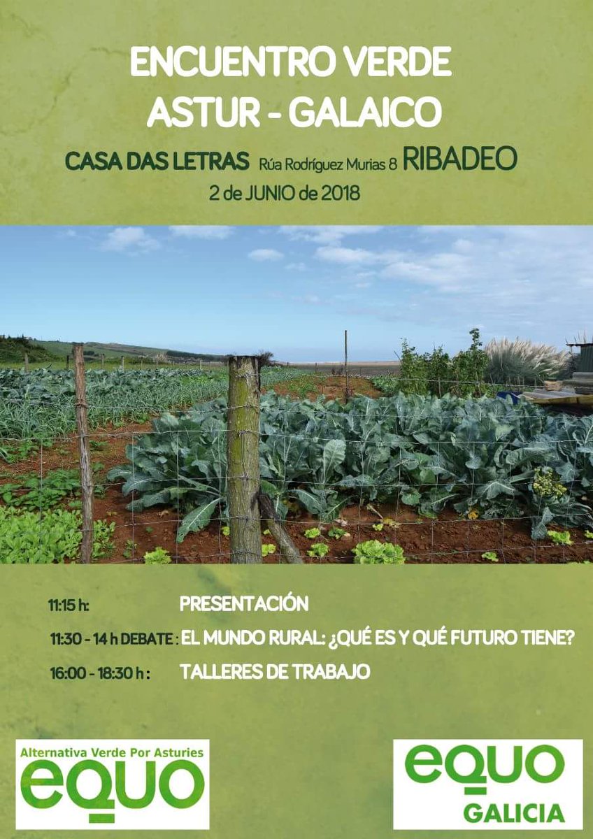 EQUO_ACoruna's tweet image. Este sábado en Ribadeo, xuntanza aberta de @EQUOGalicia e @AVAst_Equo para falar do mundo rural e moito máis.