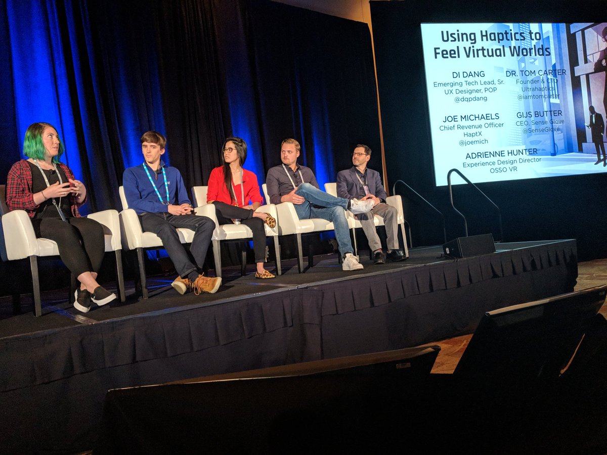 mpiszczo's tweet photo. "Understand the level of feedback fidelity your experience needs" - @dqpdang leads a panel on Haptics to Feel in a Virtual World,
@iamtomcarter @joemich @SenseGlove @snickersnax #AWE2018 https://t.co/YOwnBQJWhr