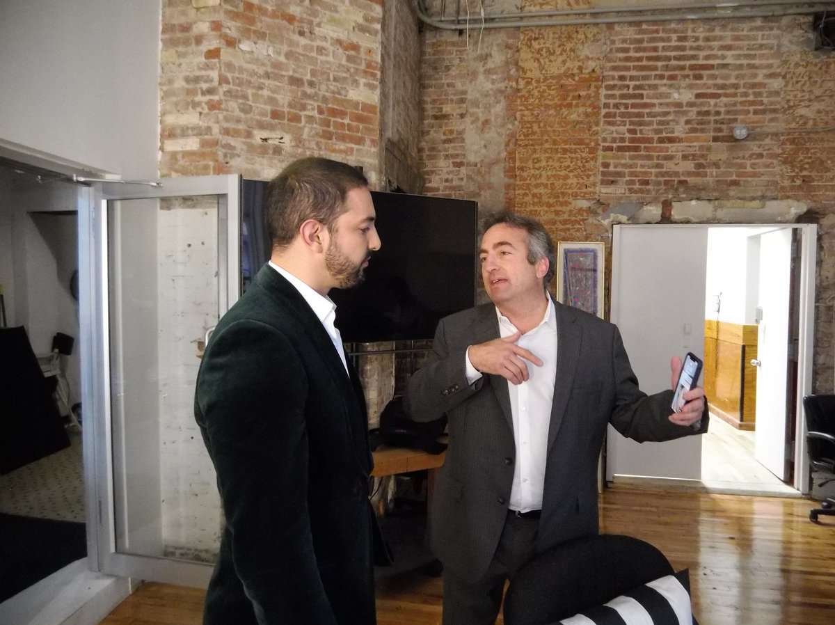 NewToTheStreet's tweet image. #Docademic CEO Charles Nader speaking with New to the Street CEO Vince Caruso in the green room today before his interview on Exploring the Block