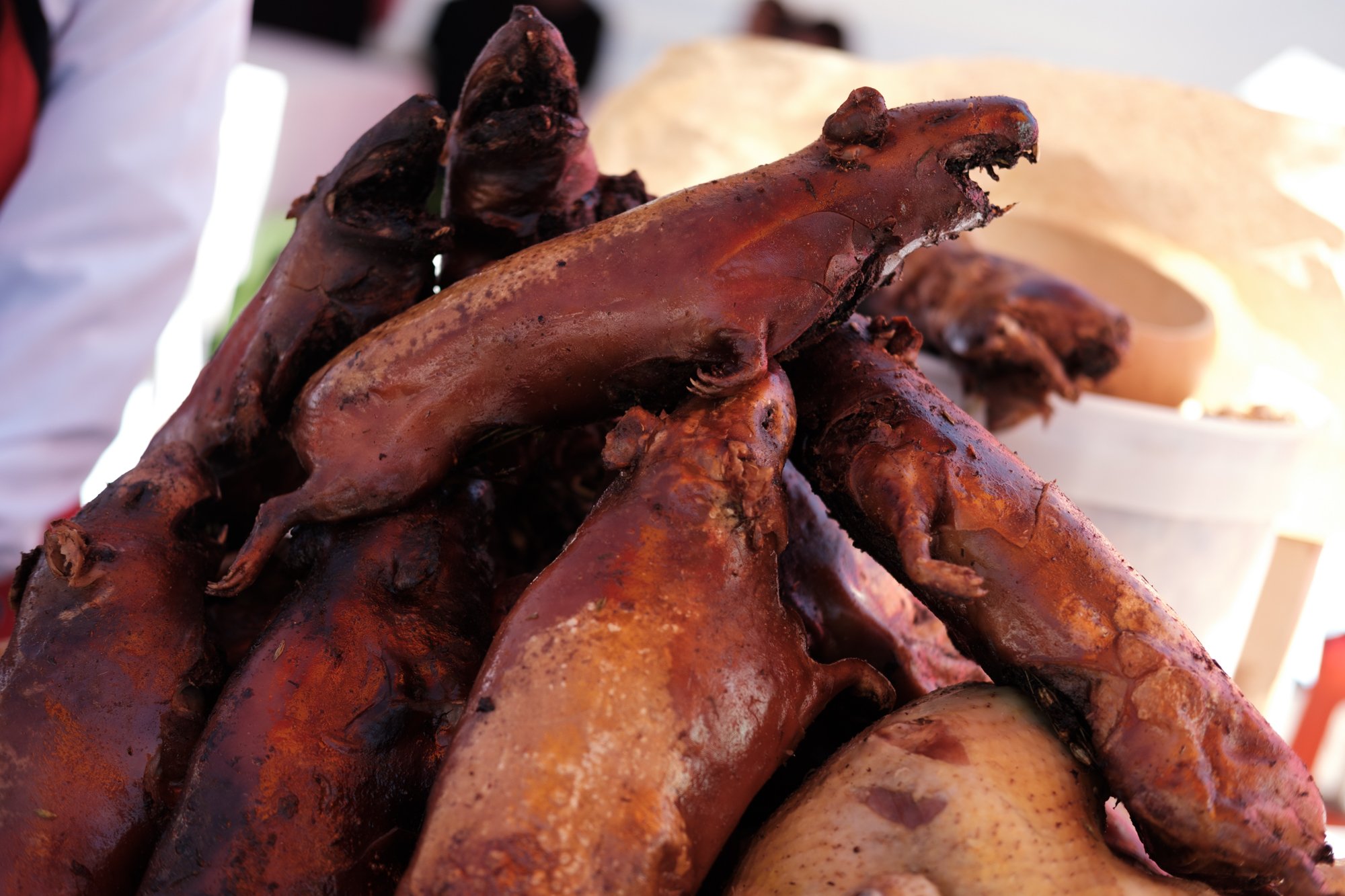 טוויטר 竹沢うるま בטוויטר ペルー最後の昼ごはんは クイ モルモット の丸焼き 子豚のローストみたいな感じで お腹にたくさん薬草が詰まっていて 臭み消しになっている そして ペルー最後の晩御飯は アンティクーチョ 串焼き 特にコラソン 牛の心臓 が