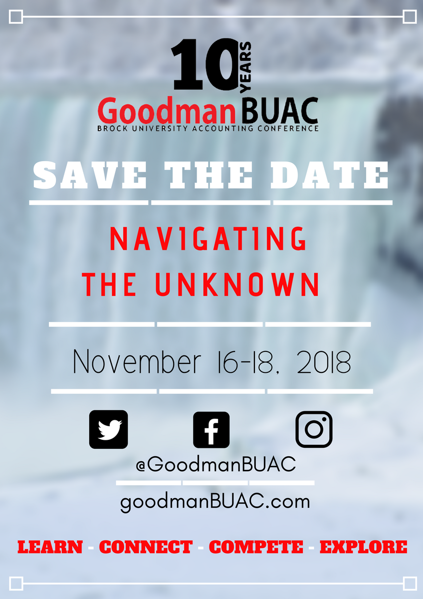 GoodmanBUAC's tweet photo. Hey Brock Badgers! We have some exciting news to share as the 10th annual Brock University Accounting Conference has been finalized with this year's theme being Navigating the Unknown. More details will be posted on our social media so stay tuned for more and SAVE THE DATE! https://t.co/mPJoo6YZvz