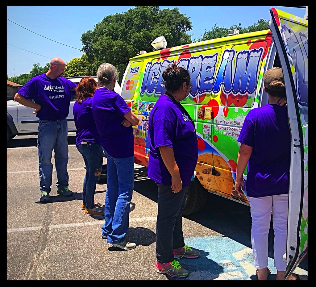 kay_bradford's tweet photo. What do you do on the last day of school with an early release and the students are gone by 1:30? Well, get the ice cream truck to stop by and deliver yummy,  cool and refreshing ice cream! 💜 my staff! #FESBuffs #FES2017 https://t.co/BJj5eQHEAO