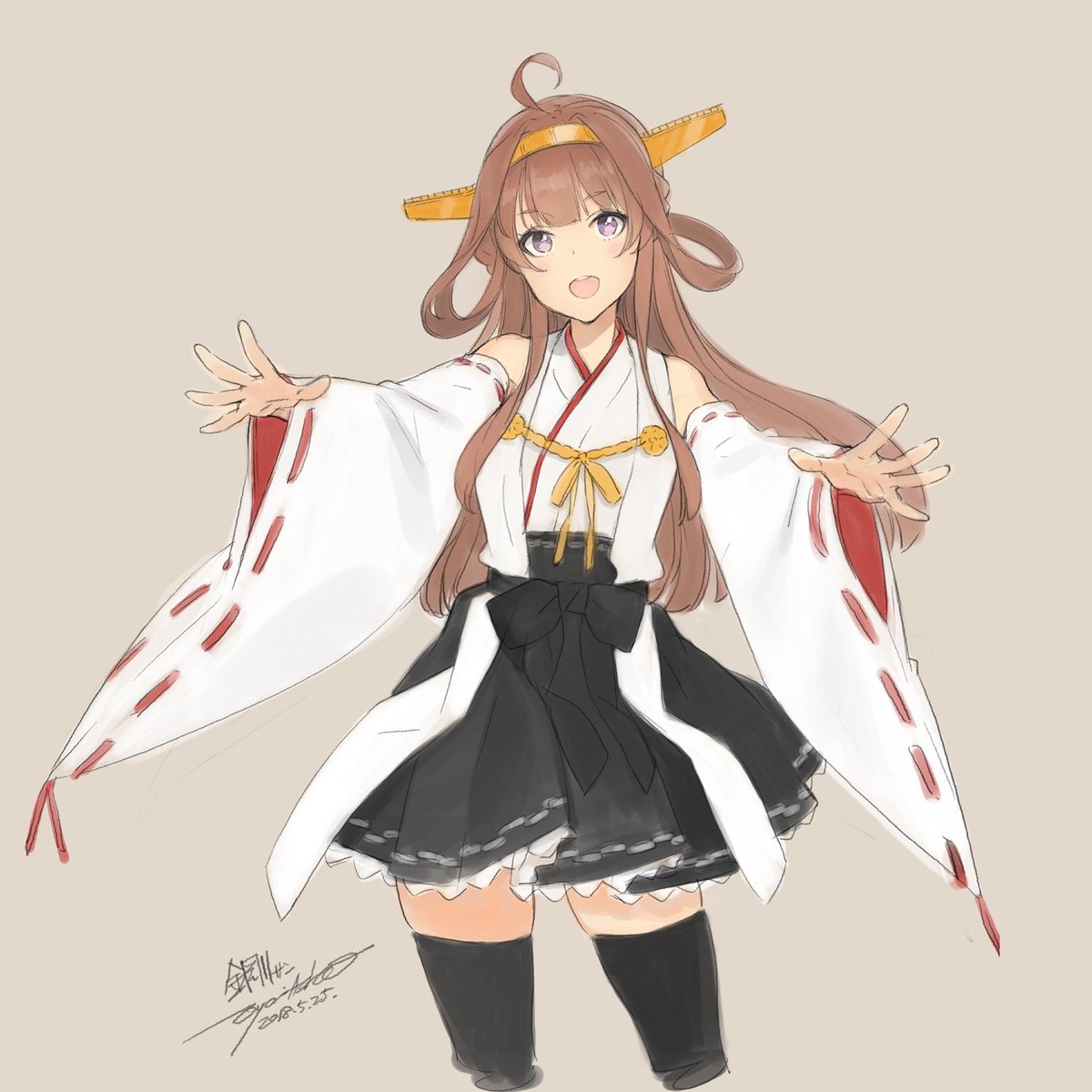 kongou (kancolle) 1girl solo long hair thighhighs brown hair ahoge skirt  illustration images