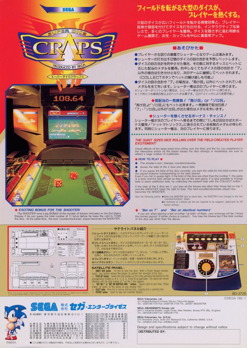 ARCADE_LAB's tweet photo. 「スーパーダイスクラップス（セガ/1995）」です。ドーム内にある2個のサイコロを使用し、ユーザーまたはCPUがサイコロを振り、出た目に応じてベットの勝負が決まる。カジノゲームと��て認知を得られていないクラップスをゲーム化するという試みだった。続編はロケテストまで行われた販売されなかった https://t.co/J6GWWlsg0G