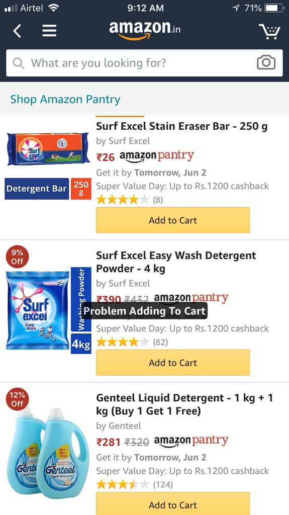 BuzzingaIndia's tweet image. @amazonIN so u have launched amazon pantary I cant add even a small detergent wtf #ZeroTesting