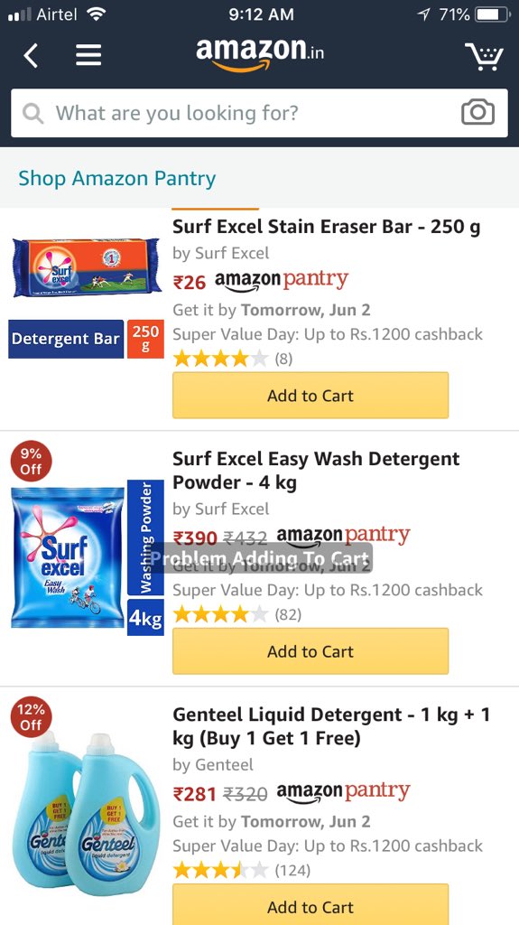 BuzzingaIndia's tweet image. @amazonIN so u have launched amazon pantary I cant add even a small detergent wtf #ZeroTesting