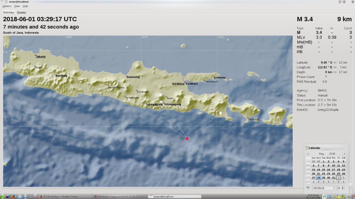 Info Gempa Mag:3.4 SR, 01-Juni-18 10:29:17 WIB, Lok:9.49 LS,112.83 BT (157 km Barat Daya Lumajang-JATIM), Kedlmn:9 Km ::BMKG-TRT