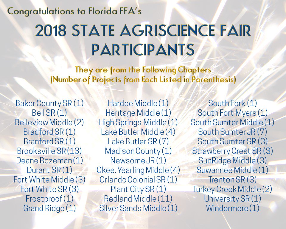 FirstPlaceFla's tweet photo. Best of luck to the 112 students presenting 90+ projects in the 2018 @floridaffa State Agriscience Fair! These members conducted an experiment, completed a written report and will interview with a display of their work at state convention. #SparkFFA #AgriscienceFair https://t.co/yBSqyYL7Wg