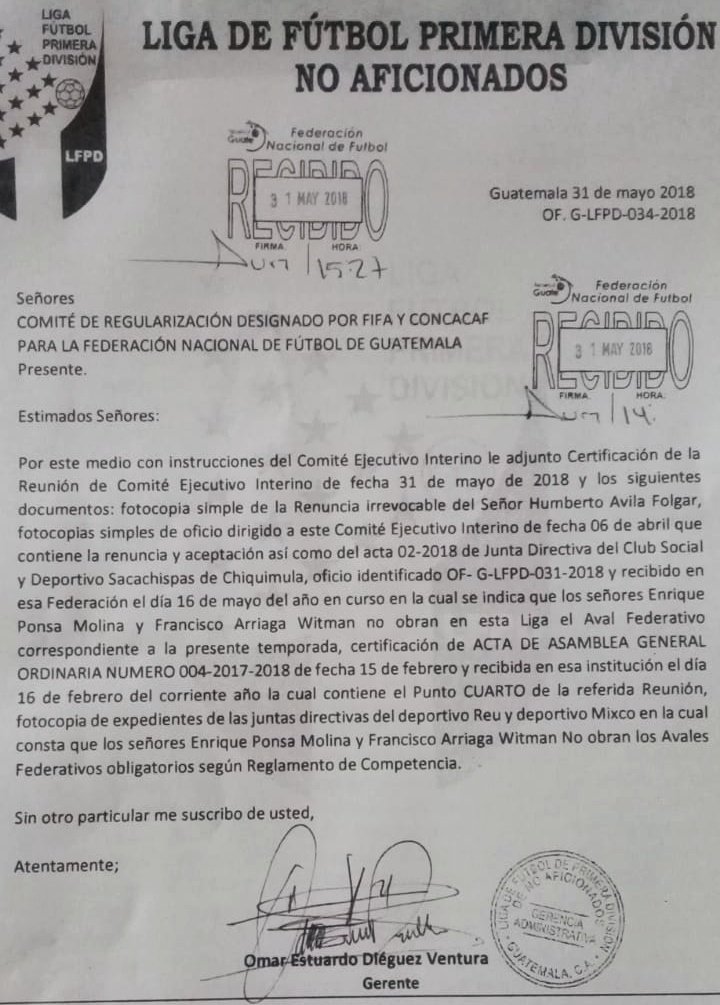 PrimeraDivGT's tweet photo. Dejamos en claro que acatamos la disposición tomada por el Comité de Regularización de la Federación Nacional de Fútbol de Guatemala, en pro del beneficio de nuestro fútbol. https://t.co/I7b3dgub7q