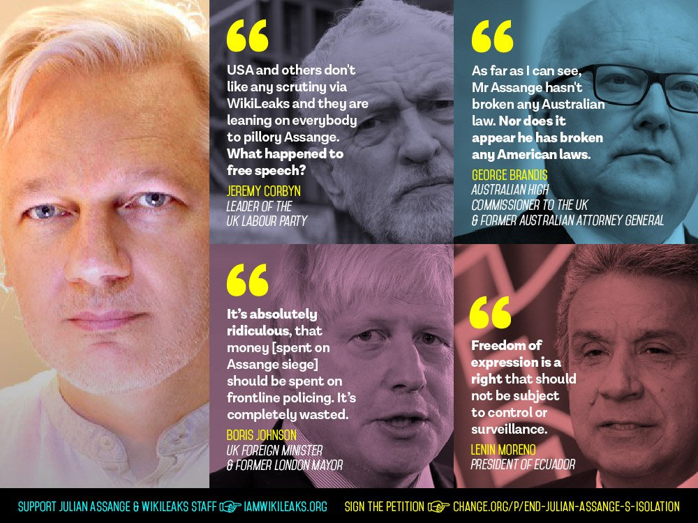JulianAssange's tweet photo. WikiLeaks publisher @JulianAssange "surpassed the limits of freedom of expression" by "speaking about politics" says Ecuador's President Lenin Moreno. Let that sink in. #FreeAssange https://t.co/tTUKMLGLWl