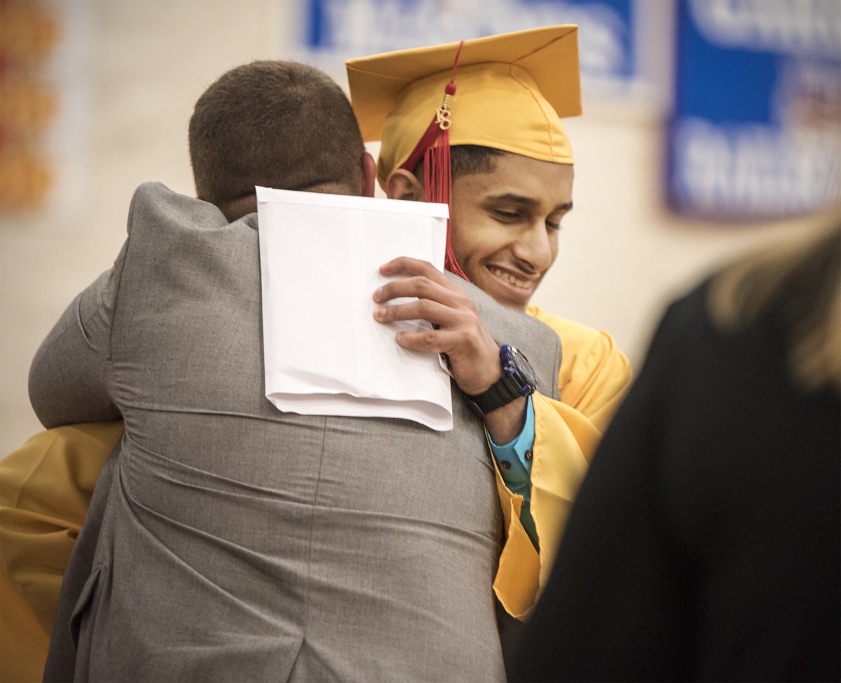 KpcPredmond's tweet photo. Westview kicked off the graduation season Thursday night in LaGrange County. Class of 2018 valedictorian Mohamed Saleh gives High School Principal Rich Cory a hug after he received his Westview diploma. https://t.co/zFwy2QIPrV