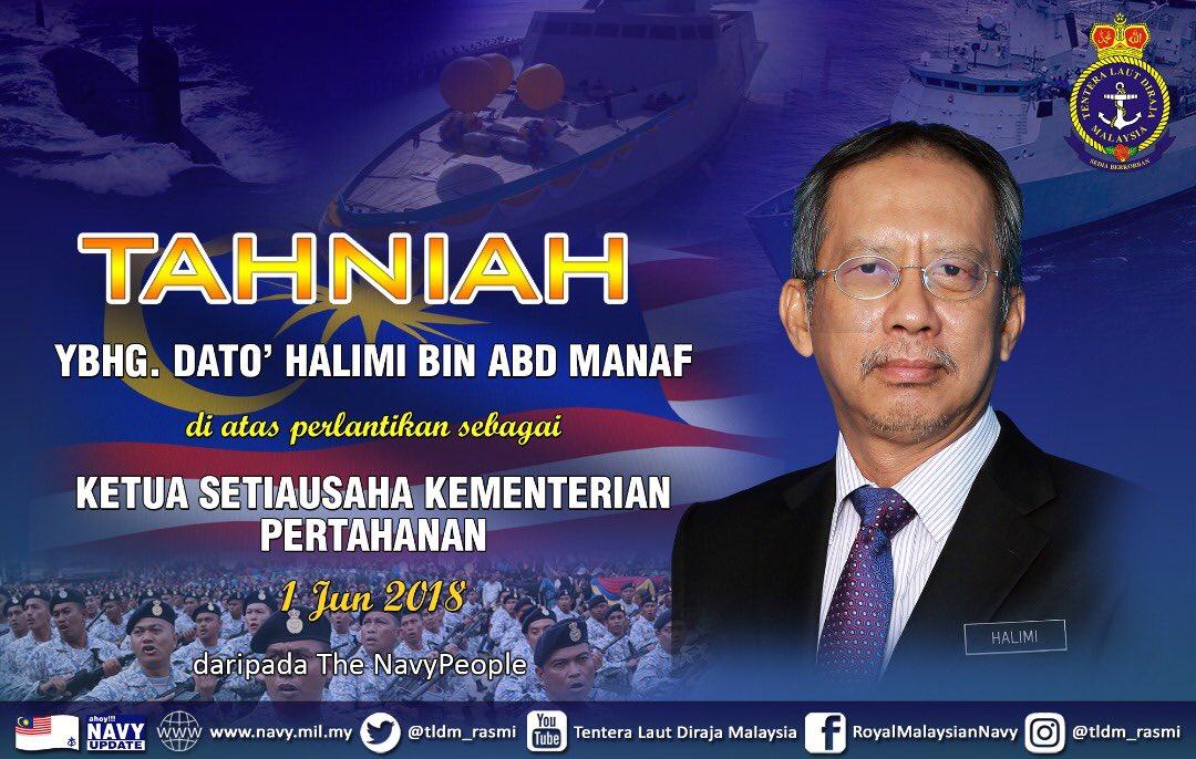 Royal Malaysian Navy (@tldm_rasmi) on Twitter photo Tahniah Ybhg. Dato’ Halimi bin Abd Manaf di atas pelantikan beliau sebagai Ketua Setiausaha <a href="/MINDEFMalaysia/">MINDEF Malaysia</a>.
#Kebanggaan
#NavyWishes Tahniah Ybhg. Dato’ Halimi bin Abd Manaf di atas pelantikan beliau sebagai Ketua Setiausaha <a href="/MINDEFMalaysia/">MINDEF Malaysia</a>.
#Kebanggaan
#NavyWishes