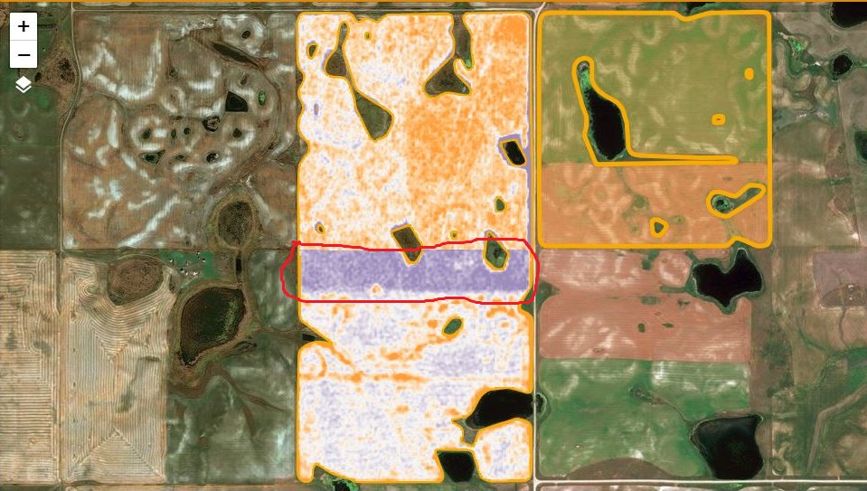 FE_ChrisKucey's tweet photo. 2017 Durum vs 2018 Yellow Peas! I think peas will win as it's being sprayed asap!Durum seed that never got enough rain last year decided to come through now. hahahahahhaha The power of Daily Satellite Imagery...... Figure it out! Sign up today! https://t.co/tkIxbp091z