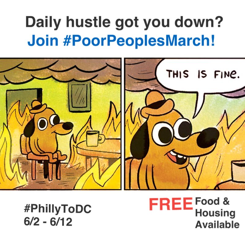 PPEHRCorg's tweet photo. Daily hustly got you down? Break free! Join #PoorPeoplesMarch June 2-12 from #PhillyToDC! FREE Food &amp; housing available! #ForThePoor #ByThePoor #PoorButProud #PowerNotPity @rosaclemente @ajamubaraka @4aPeoplesParty @FireeOrg @P4THofficial @mnppehrc @Tim_Canova @BLMPhilly https://t.co/nYADVHOOl0