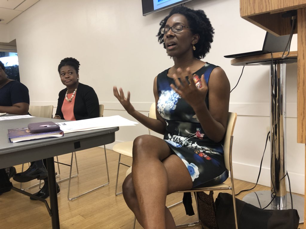 MoCo_ACLU's tweet photo. Great discussion tonight on incarceration; bail reform; solitary confinement; &amp; a deeper dive into systemic inequities, privilege &amp; racism.

Thanks to panelists @brandy4moco, @JheanelleW &amp; Shujaa Graham. And thanks to @TPmobilization for your vision &amp; for driving dialogue. #ST2P https://t.co/8whHFEjGRu