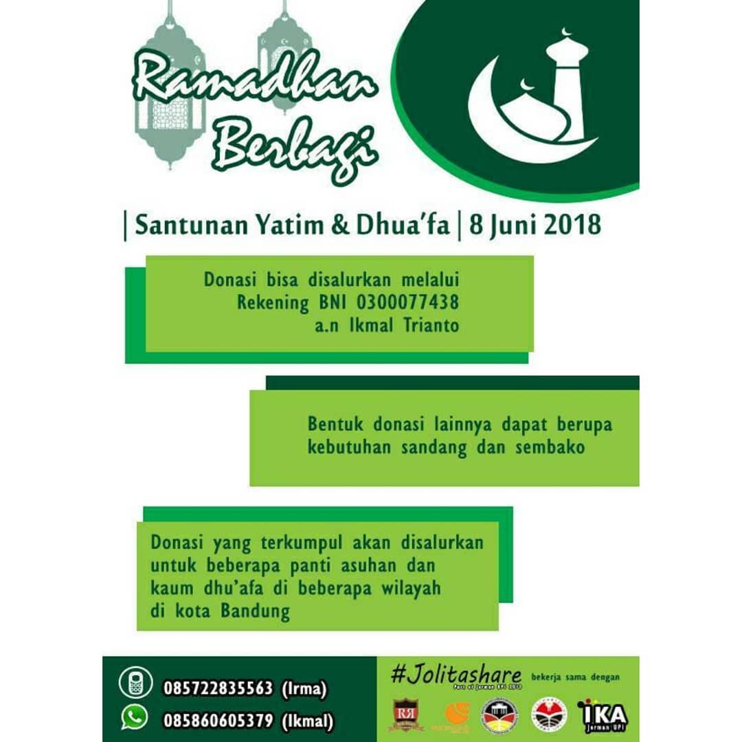 Assalamualaikum..
Kali ini kita mau mengajak teman2 utk berbagi santunan ke Yatim &amp; Dhuafa. Selain donasi uang, kita jg bisa berdonasi sandang &amp; sembako lho😉
Yuk ramadhan kali ini kita buat berkesan dgn berbagi terhadap sesama!
Danke.