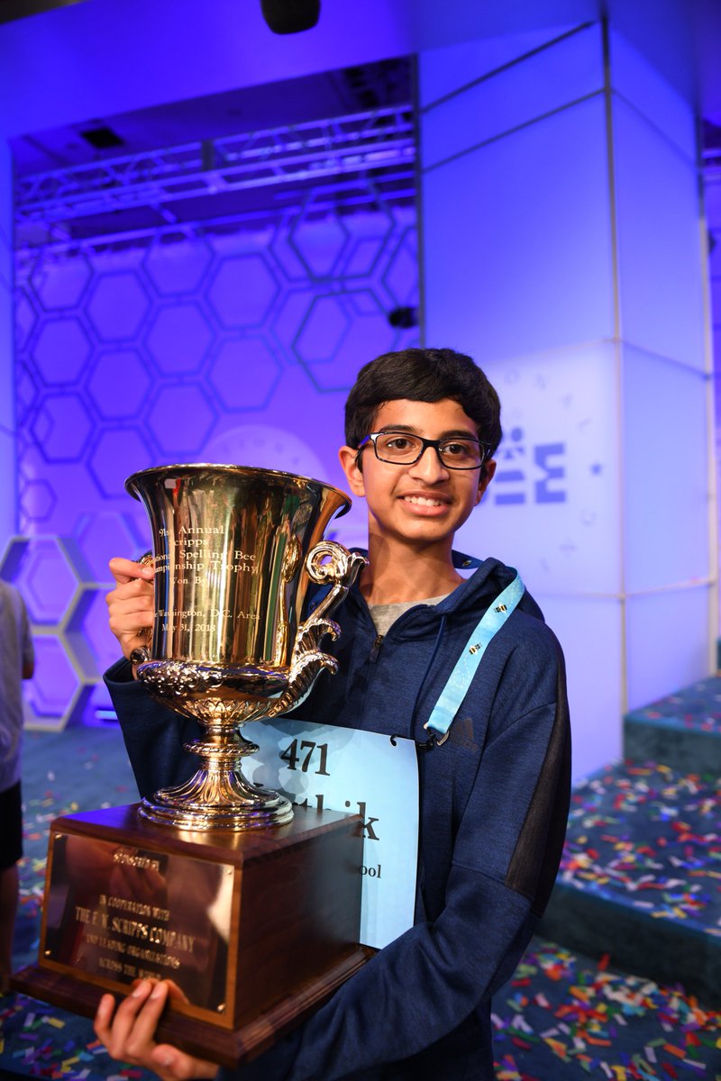 ScrippsBee's tweet photo. Congratulations to Karthik Nemmani, #Speller471, the 2018 Scripps National Spelling Bee Champion. He correctly spelled "koinonia" to win the title. #SpellingBee https://t.co/IyjGWmKg3W