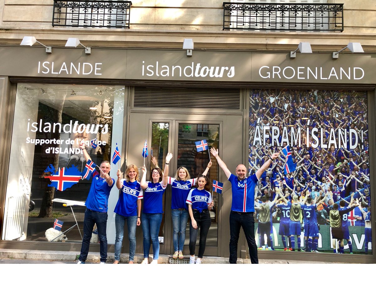 IslandTours_fr's tweet photo. Fan of the first hour in 2016, ISLAND TOURS, supports the national team again   this year. The showcases of the agency displays the national team and the staff of Island Tours will wear the colors of Iceland on days of matches 
    ÁFRAM ÍSLAND ! https://t.co/P1fu11xqU8