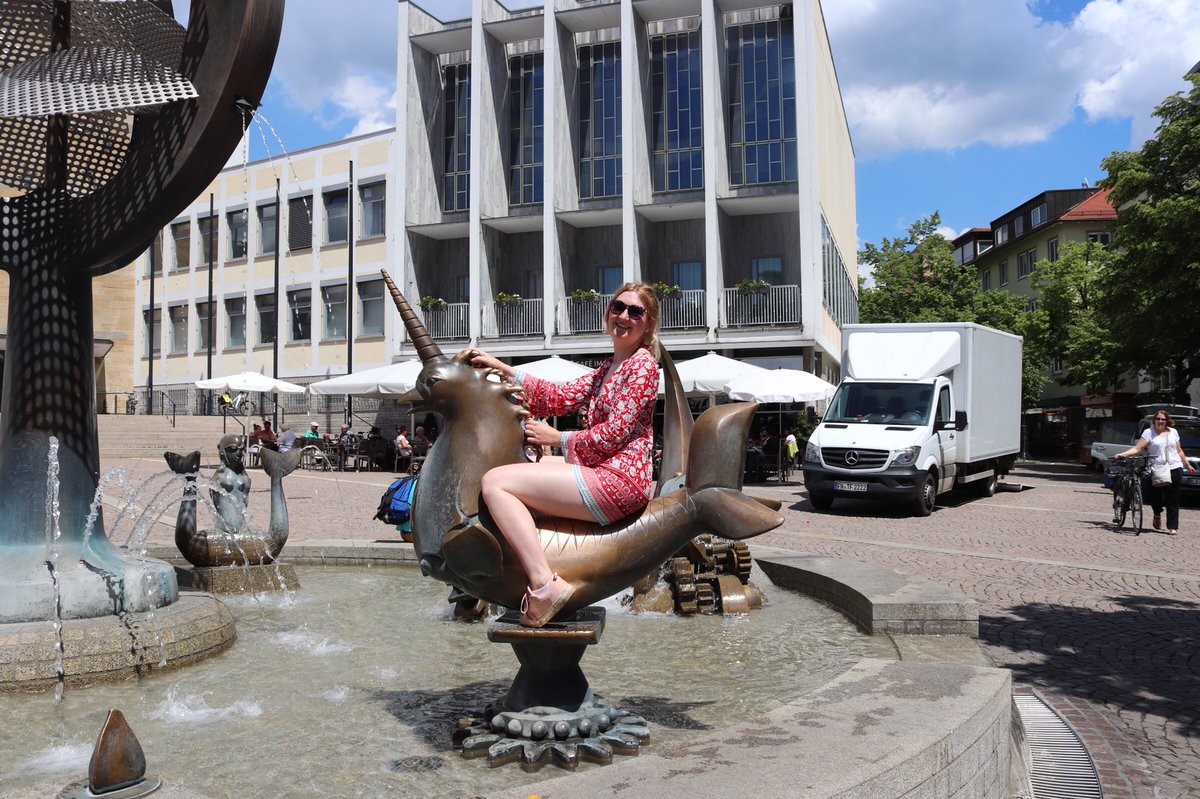 Becky_Wuu's tweet photo. One of the highlights of the trip was discovering the weird chicken/mermaid/unicorn statue in a water fountain in Friedrichshafen. https://t.co/aEF6LJPe5e