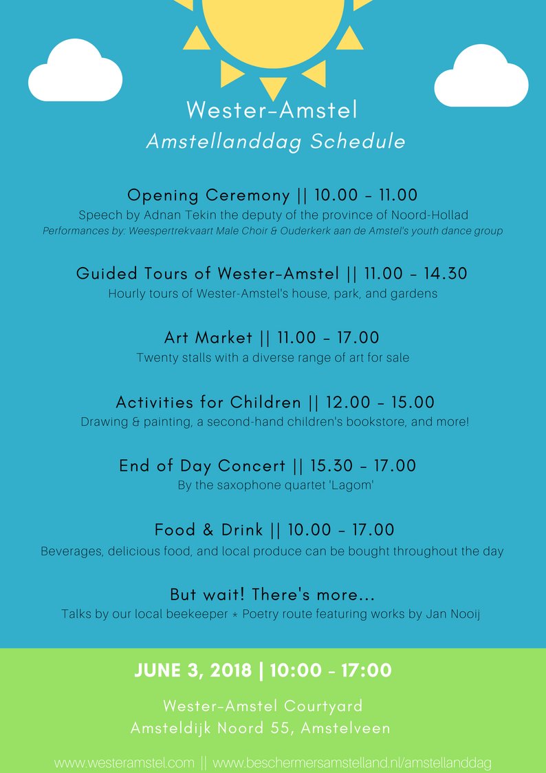 Wester_Amstel's tweet photo. Here's what'll be happening at Wester-Amstel on #Amstellanddag2018 - an event that celebrates the past, present, and future of Amsterdam's Dutch countryside! || #westeramstel #amstelland #amsterdam #amstelveen #summer #netherlands https://t.co/8pKFK2QC96