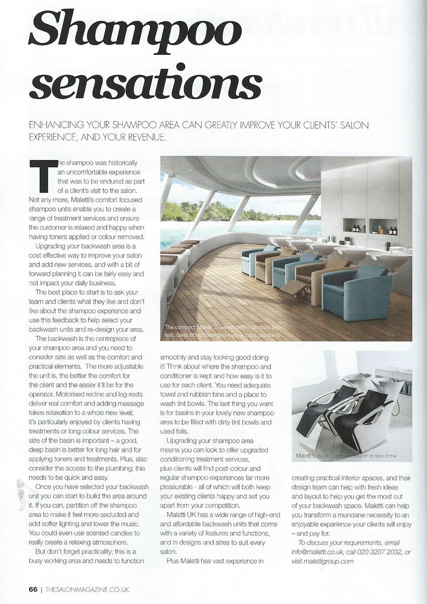 MalettiUK's tweet photo. Great start to June with a fabulous feature on updating your shampoo area with @MalettiUK wash units in @TheSalonMag. Upgrading your backwash area is a great way to improve your salon and add services. #salonfurniture #saloninteriors https://t.co/Fg9y04zuKc