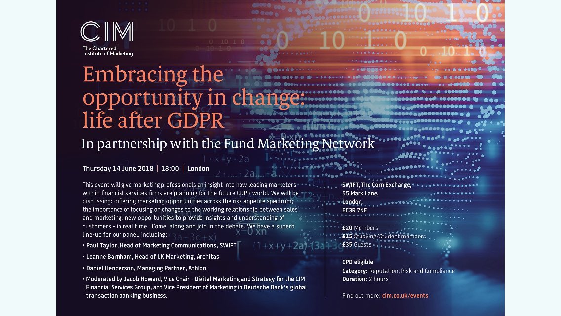 DelvesJames's tweet photo. #GDPR is finally here - so what do marketers in financial services need to know? Join us @swiftcommunity's London office on June 14th for the inside line. Register here: https://t.co/3LtjNtCgWW  #finmarketing #FSmarketing @CIM_Exchange https://t.co/1zjCVPqX0R