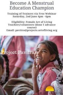 PavitraProject's tweet photo. We invite Art of Living female teachers/ volunteers to join an orientation session on Saturday, 2nd June'18 4pm-6pm  via a free webinar. (Eligibility : 1 Advance course/ Aol teacher). To register, please email -pavitra@projects.artofliving.org https://t.co/XHVsxgoiRi