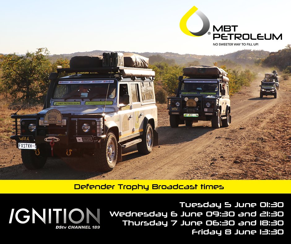 MbtPetroleum's tweet image. The Defender Trophy will be broadcasted this weekend on Ignition, DSTV Channel 189!📺 Make sure to check it out, broadcast times are:
- Saturday 2 June 20:30
- Sunday 3 June 08:30am &amp;amp; 15:30pm
 #mbt #nosweeterwaytofillup #defendertrophy #ignition #dontmissout