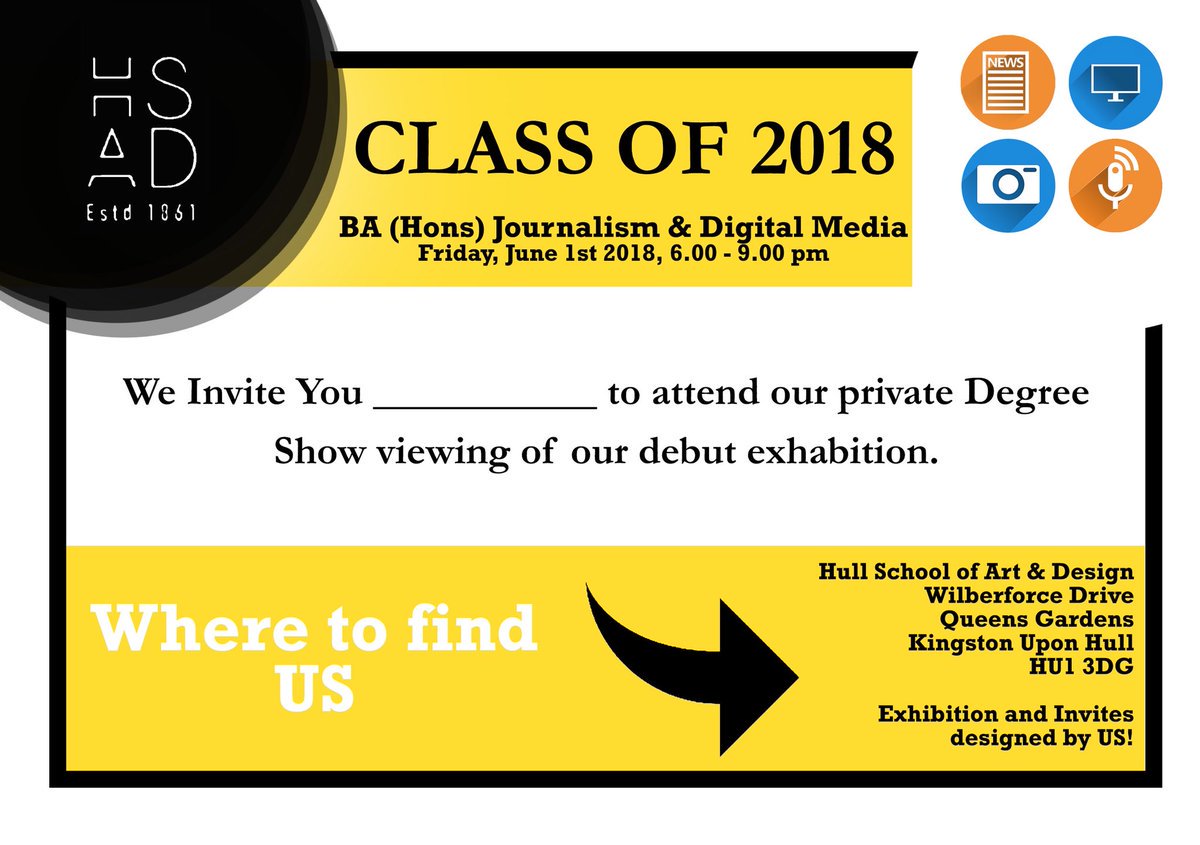 HullHour's tweet photo. You're welcome to join the @JDM_2018 students as they show their hard work at the @HSADHull Degree Show tonight from 6pm 

#HullHour https://t.co/ZMPZoTlizF